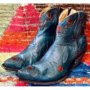 Old Gringo Teal and Rust Heart Accent Ankle Boots